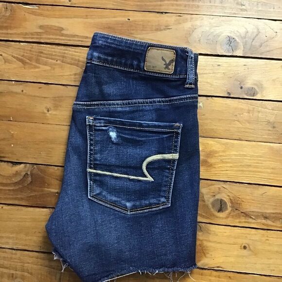 Aeo high-rise shortie distressed shorts size 2 stretchy ripped dark blue denim - Picture 4 of 11